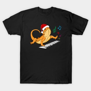 Cute Bearded Dragon Christmas Hat Playing Piano T-Shirt